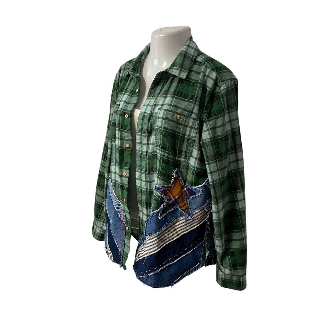 Upcycled Flannel Shirt Shacket Womens Large Alaska Grunge Patchwork Folk Art - Picture 5 of 16